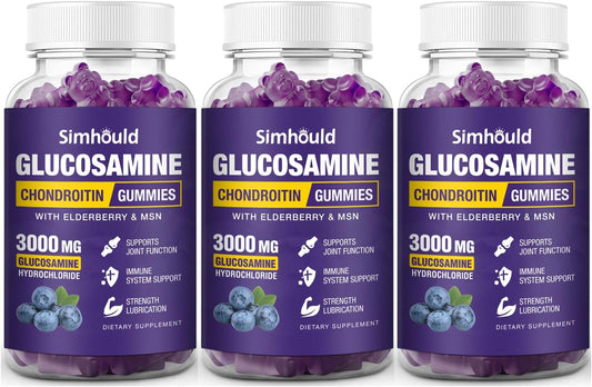 Simhould 3 Packs Glucosamine Chondroitin Gummies - 3000MG Extra Strength Joint Support Supplement with MSM & Elderberry, Flexibility, Antioxidant Immune Support Gummy for Adults, Men & Women
