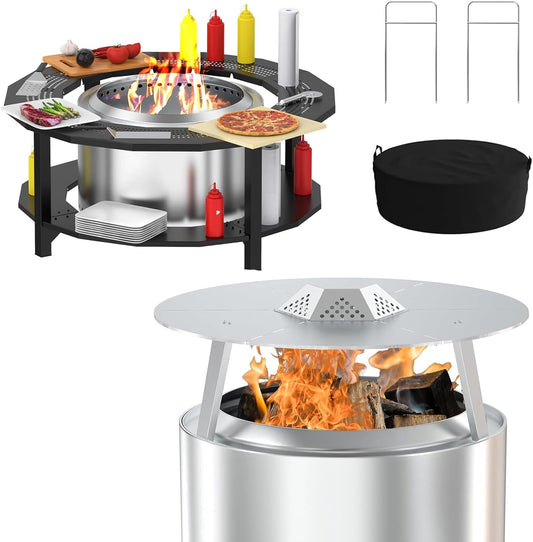 Fire Pit Surround Tabletop & Heat Deflector for Solo Stove Yukon 27'',Powder-Coated Steel Stove Table Surround with 304 Stainless Steel Fire Pit Pellet Adapter Diffuser for Solo Stove