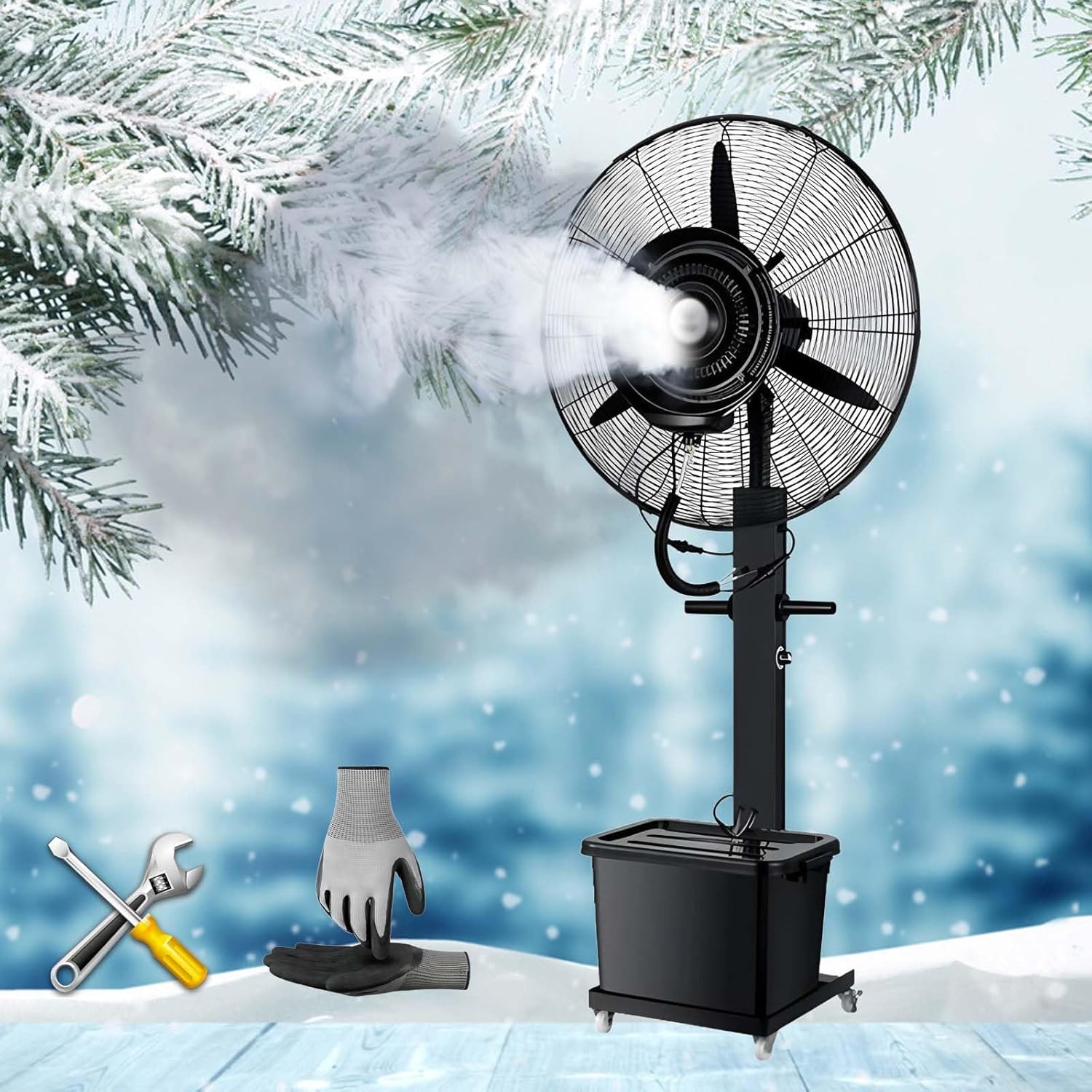 Standing Fan With Mist 90° Oscillating Misting Fan Industrial With 42l Tank, Tilt Head, 3 Speeds, Adjustable Mist Wheels Suitable For Warehouses And Outdoor Venues(Non-liftable,750)