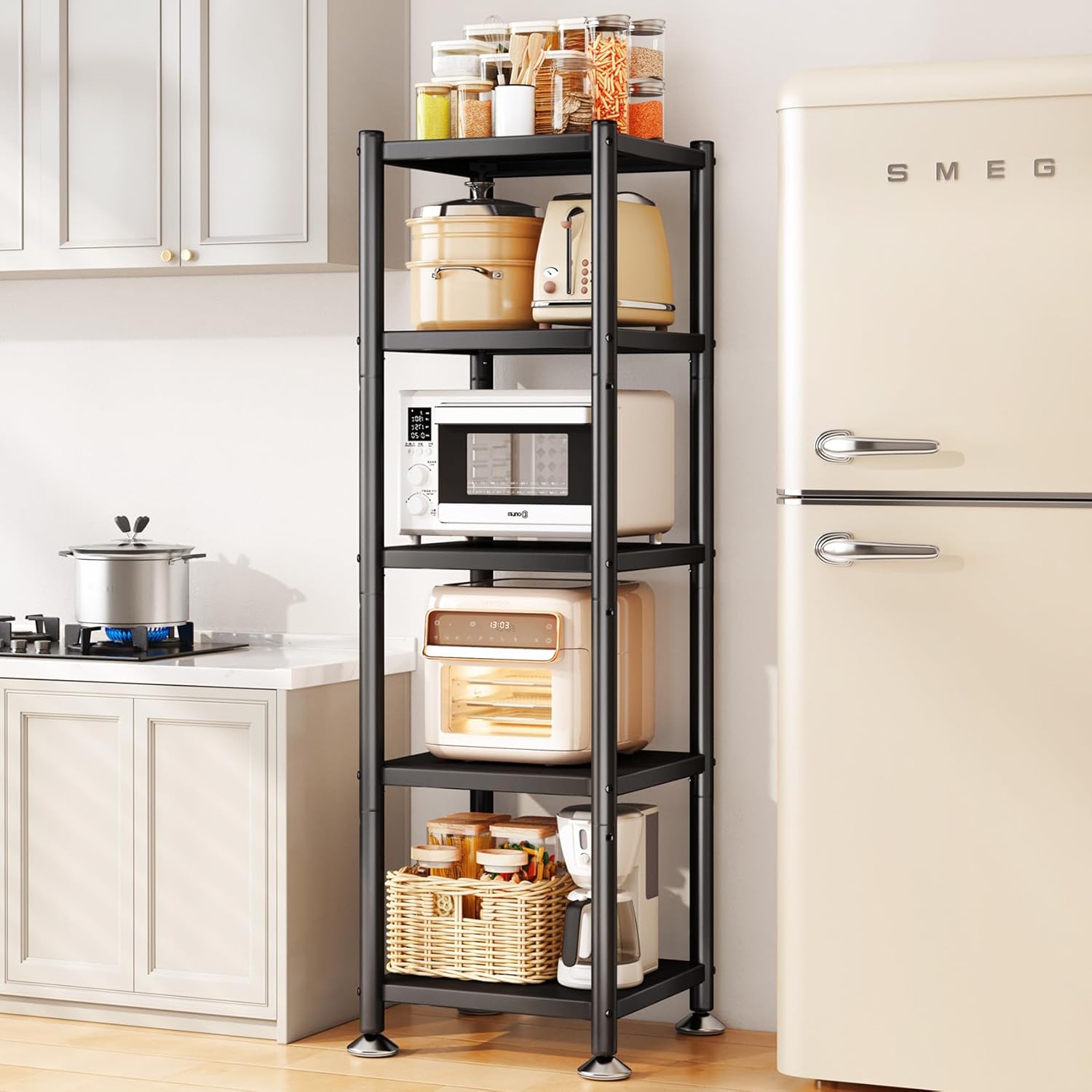 PXRACK 5-Tier Kitchen Storage Shelves, Adjustable Metal Shelves for Storage Pantry Shelves with Rolling Wheels, Storage Rack Shelving Unit Organizer for Bedroom Laundry Closet