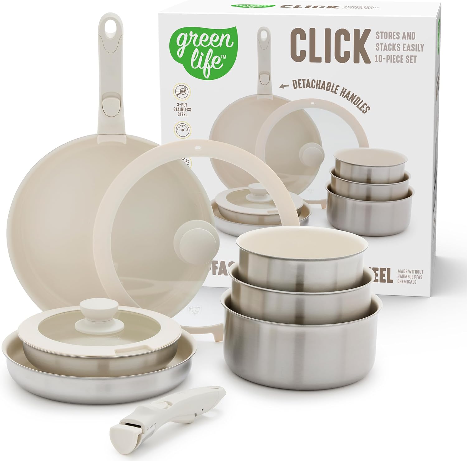 GreenLife Stainless Steel Nonstick 10 Piece Cookware Set, Detachable Handle, Induction Ready, Stackable Kitchen Set, Tri Ply Ceramic PFAS Free Pots & Pans, Space Saving, Oven Safe, Glass Lid, Silver