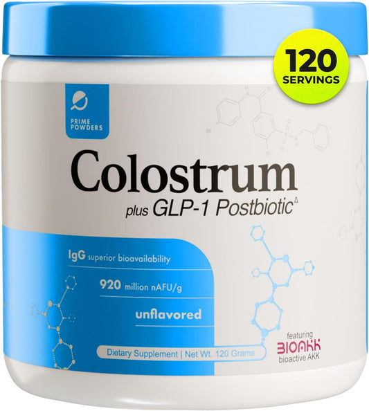 Prime Powders® Colostrum Grass-fed Powder with Akkermansia GLP-1 Probiotic, High IgG, Gut Lining & Immune Support, Growth Factors, Maximum Absorption, Unflavored Supplement (120 Servings)