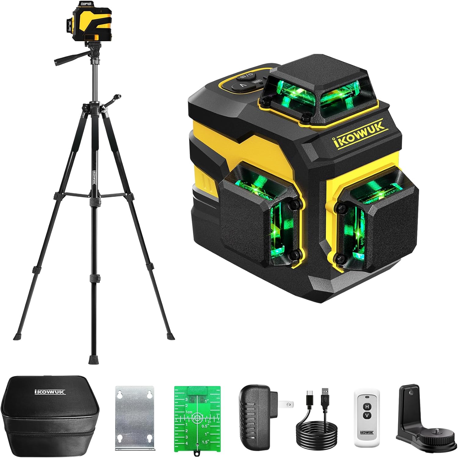IKOVWUK Laser Level with Tripod, 3x360° Cross Line Laser for Construction and Picture Hanging, Level Tool with 5200 mAh Rechargeable Battery, Compact Adjustable 59.8-inch Tripod, Remote Control