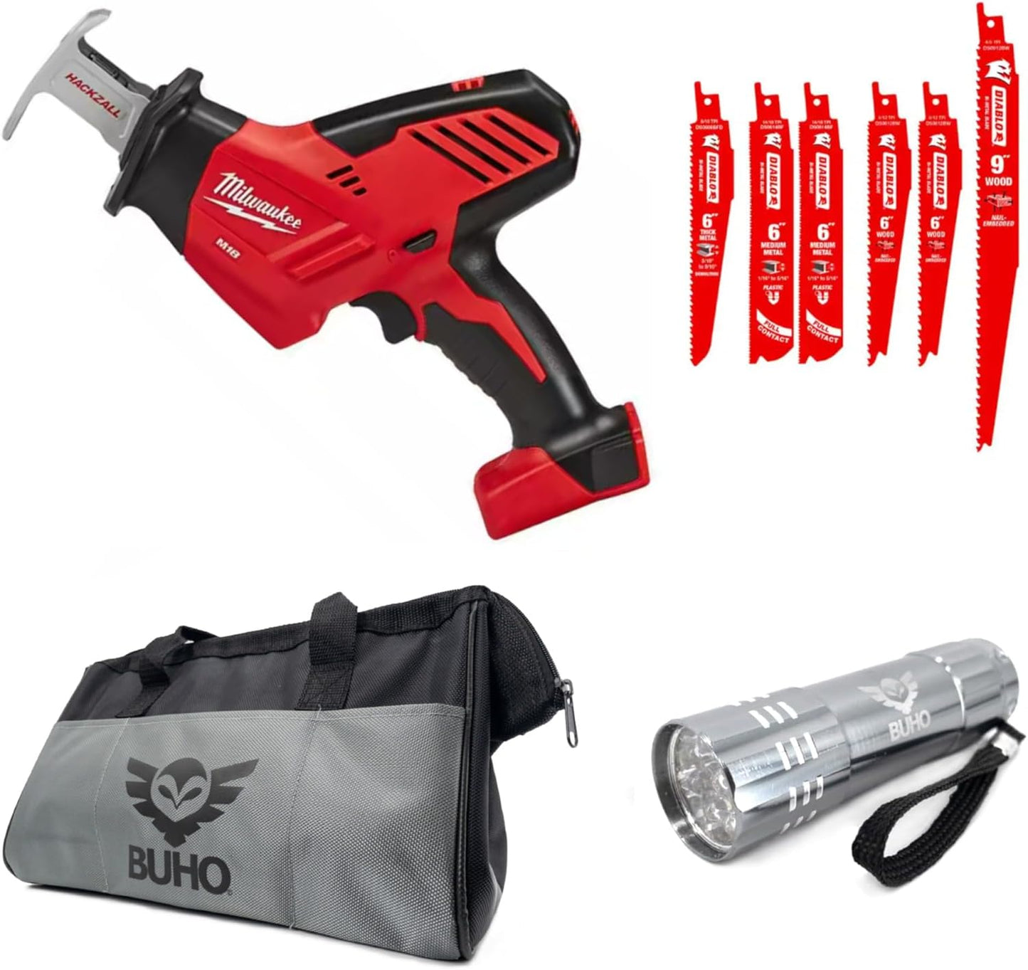 Milwaukee M18 18V Cordless Hackzall Reciprocating Saw Bundle with Bi-Metal Blade Set, Buho Tool Bag & Flashlight