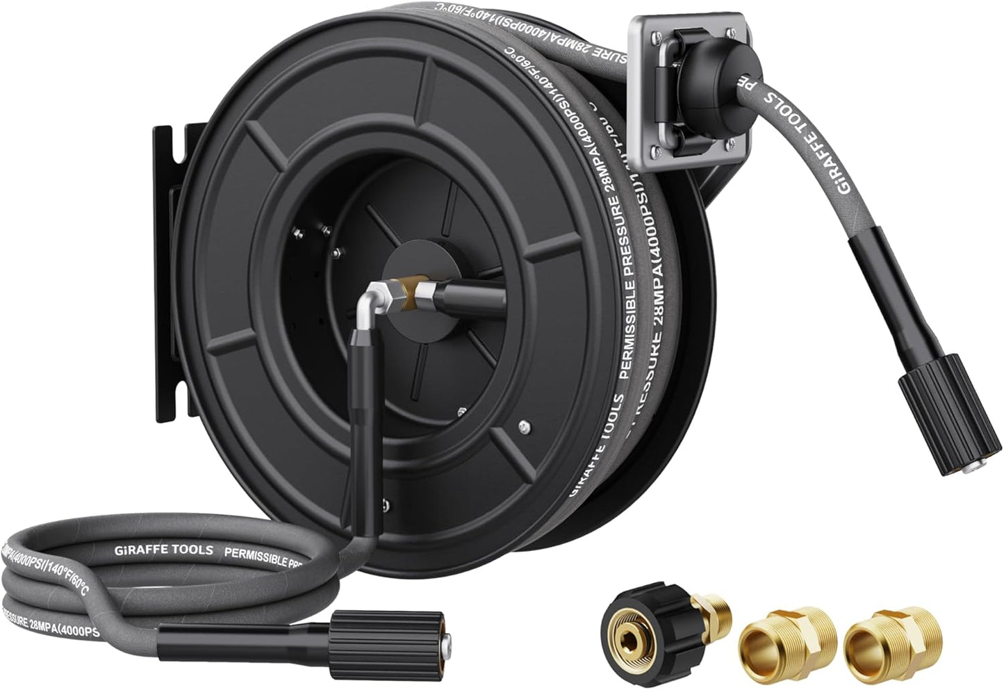 Giraffe Tools Pressure Washer Hose Reel 60ft, Power Washer Hose Reel, Pressure Washer Retractable Hose Reel, Heavy Duty, Wall\/Floor Mounted, 4000 PSI, Dark Silver