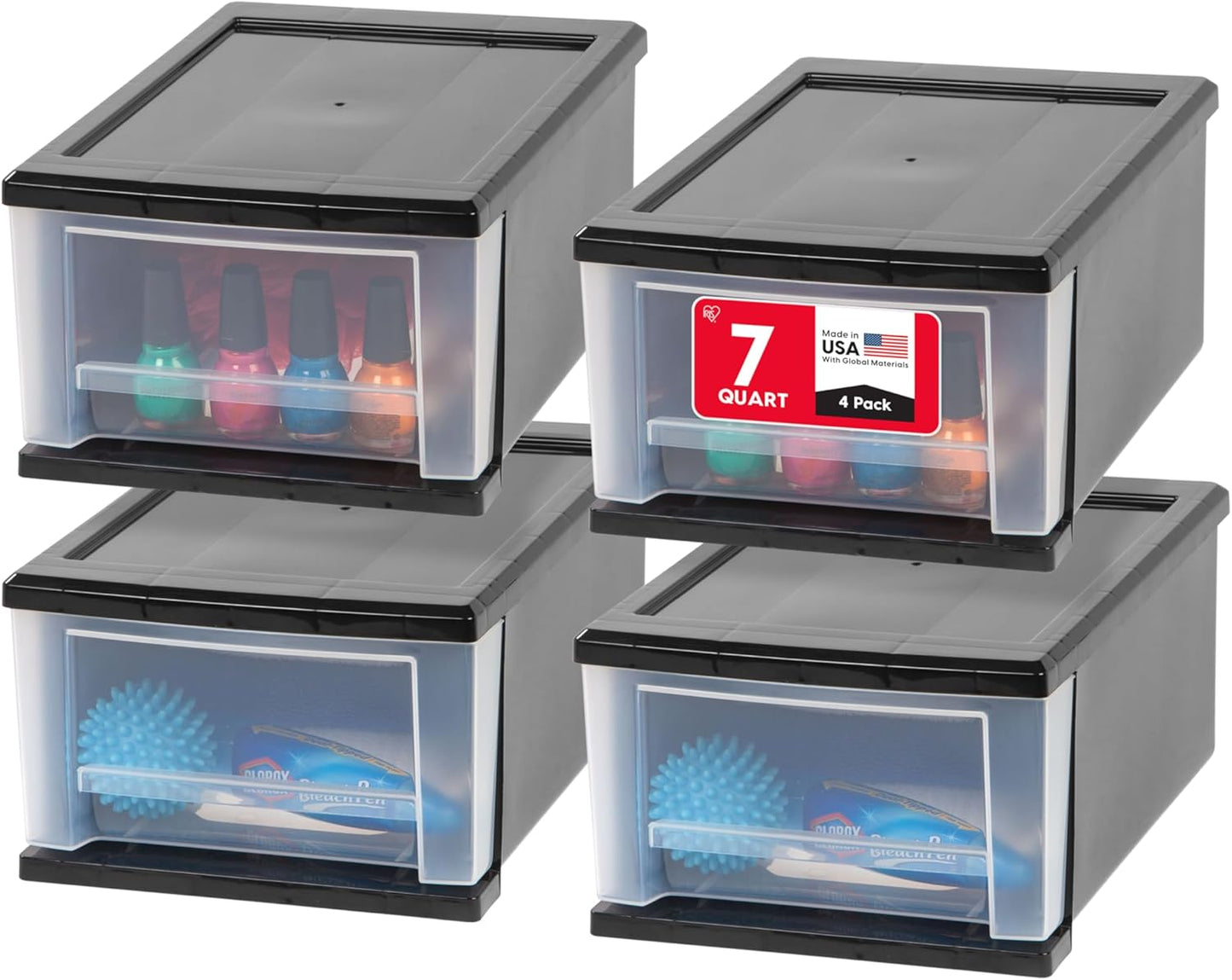 IRIS USA Plastic Stacking, Storage Organizer Unit with Sliding Drawer for Clothes Bedroom Kitchen Under Sink Pantry Craft Room Bathroom Dorm Office, 7 Qt. - 4 Pack, Black