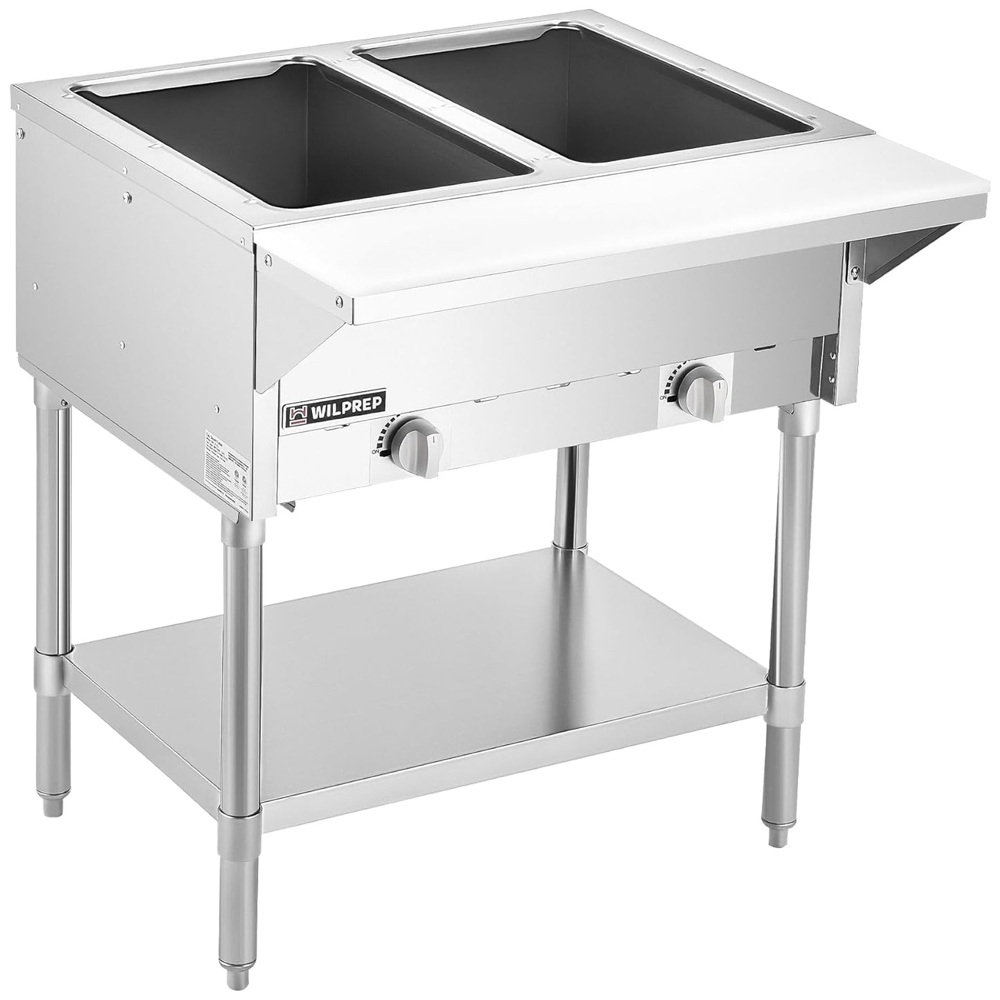 WILPREP 2 Well Commercial Gas Steam Table, 7000BTU Natural Gas Food Warmer with 8" Cutting Board & Storage Shelf, 30" Stainless Steel Food Warmer with Knob Control for Catering Buffets Restaurants