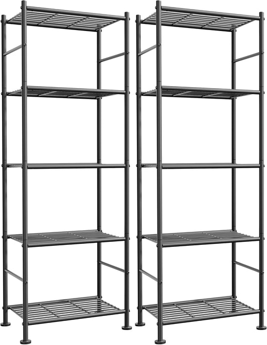 Sakugi Storage Shelves - Set of 2, 5-Tier Metal Shelf Organizer, Space-Saving Garage Shelving with Leveling Feet, Standing Shelves Organizer for Kitchen, Laundry, Pantry (18.1" x 12.3" x 56.8", Black)