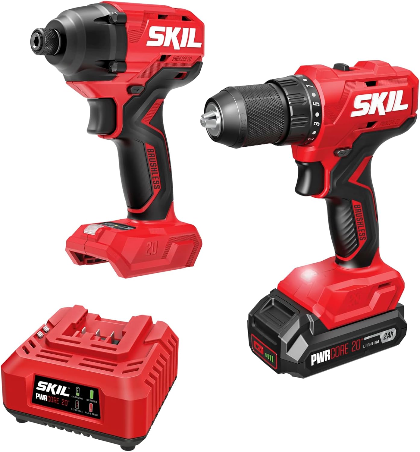SKIL PWRCORE 20V Brushless 2-Tool Drill Driver and Impact Driver Combo Kit Including 2.0Ah Battery and Charger- CB8002B-10