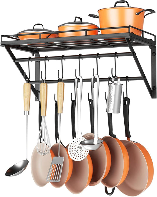 OROPY 23 Inch Wall Mounted Pot Rack Storage Shelf with 2 Tier Hanging Rails 12 S Hooks included, Ideal for Pans, Utensils, Cookware, Plant Black