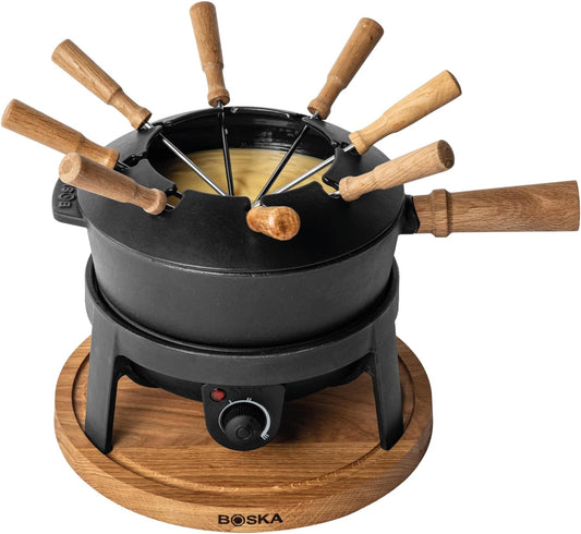 BOSKA Electric Fondue Set Pro\/For Cheese, Chocolate and Broth Fondue \/ 8 people\/Robust Cast-Iron\/High Quality Materials\/Splash Guard Included\/Extra-long Cord\/Black
