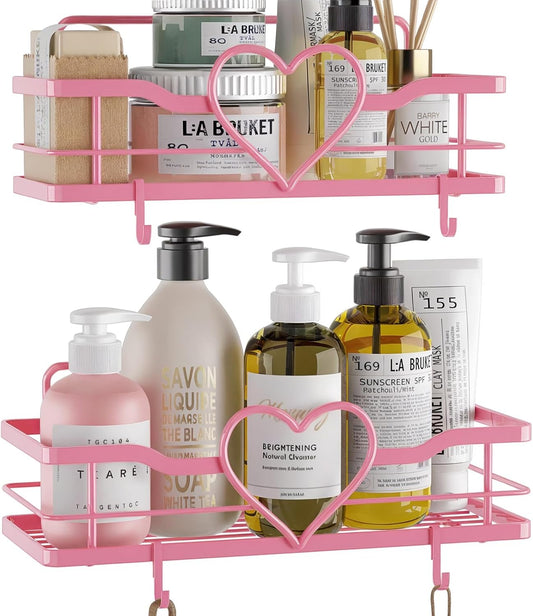 FLCITY Pink Shower Caddy with 4 Removable Hooks, 2 Pack Sweet Heart Shower Shelves,No Drilling Adhesive Organizer Shelf for Bathroom Shower,Kitchen,Bedroom