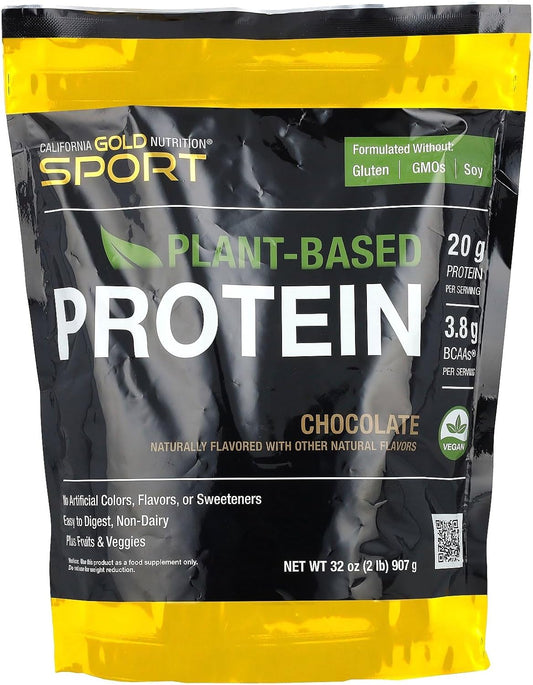 California Gold Nutrition Sport, Plant-Based Protein with Organic Brown Rice Protein Concentrate, Flaxseed, Chia Seed, Chocolate, 2 lb (907 g)