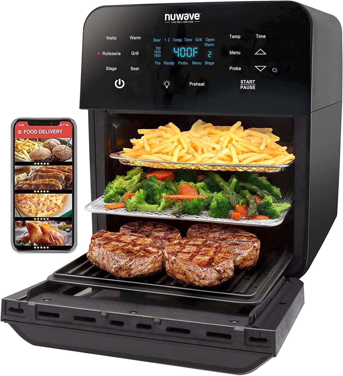 Nuwave Brio Air Fryer Oven, 15.5Qt X-Large Family Size, SS Rotisserie Basket &Skewer-Kit, Reversible Ultra Non-Stick Grill\/Griddle Plate, Powerful 1800W, Integrated Smart Thermometer,Black