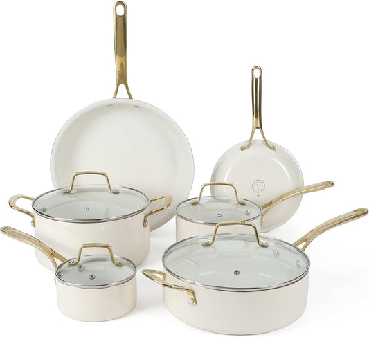 Martha Stewart Lockton Premium Non stick Non Toxic PFA Free Ceramic Interior 10 Piece Heavy Gauge Enamel Aluminum Pots and Pans Cookware Set - Linen White w\/Gold Handle