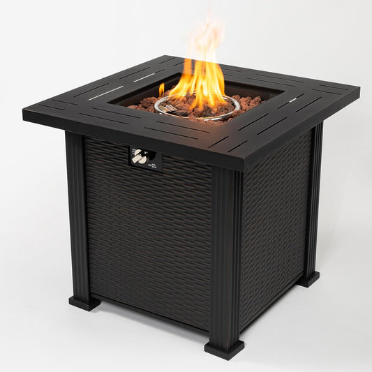 Compact 28-Inch Square Fire Pit Table in Matte Black, Space-Saving Steel Design Delivers 50,000 BTU Propane Heating for Intimate Patio Settings and Cozy Backyard Gatherings
