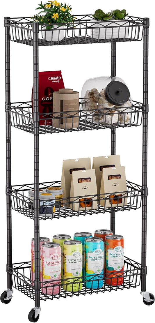 Golpart 4 Tier Shelf Wire Shelving Unit Adjustable Storage Shelves Big Basket Rack Standing Units for Kitchen Closet Laundry Bathroom Organizers Metal Pantry Mesh 10" D x 16" W x 55" H Black