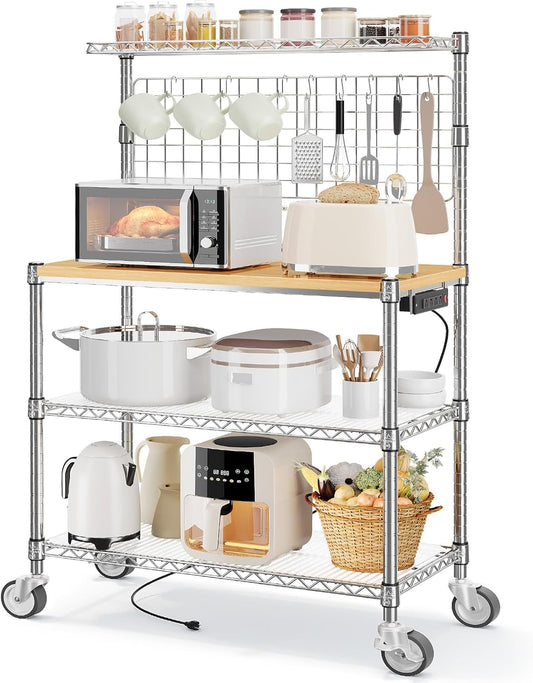 Leteuke Bakers Rack with Power Outlet & Storage, 36 Inch Microwave Stand Kitchen Cart, 4-Tier Metal Kitchen Shelves Cart with Wheels & 20 S-Hooks for Kitchen, NSF Certified, 63 x 18 x 36 Inch-Chrome