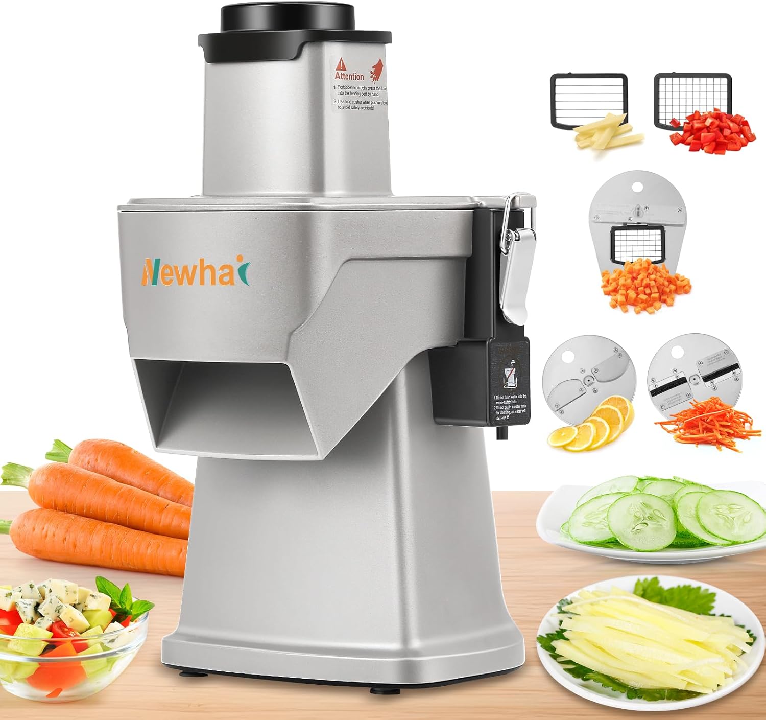Newhai 4 in 1 Commercial Vegetable Chopper Multifunctional Automatic Dicer Slicer Shredder Strip Cutter for Onion Potato Cabbage Veggie & Fruit Processor with Multi Blades 200W 110V