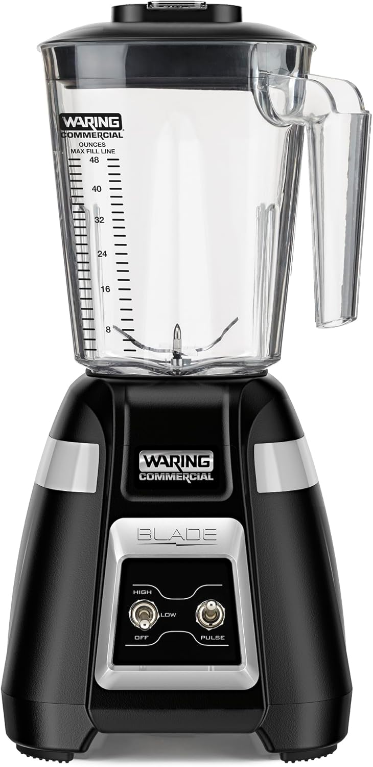 Waring Commercial BB300 Blade 1 HP Blender Toggle Switch Controls with Pulse feature with 48 oz BPA Free Copolyester Stacking Container, 120V, 5-15 Phase Plug ,Black