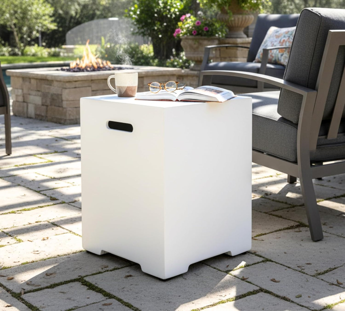 HillAethel 16-Inch Propane Tank Cover,20 LB Outdoor Tank Storage Hideaway Side Table for Gas Fire Pits,Light Concrete Tank Holder,White