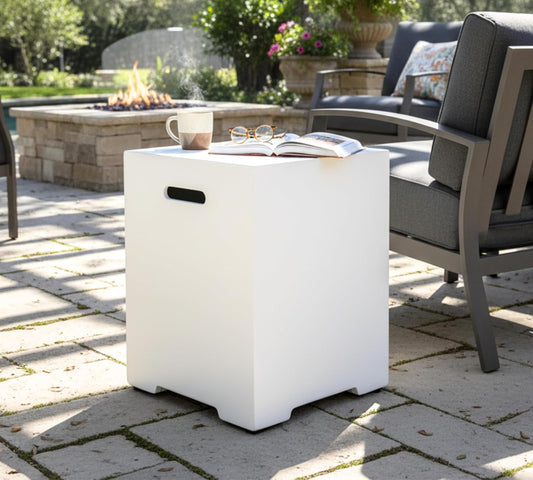 HillAethel 16-Inch Propane Tank Cover,20 LB Outdoor Tank Storage Hideaway Side Table for Gas Fire Pits,Light Concrete Tank Holder,White