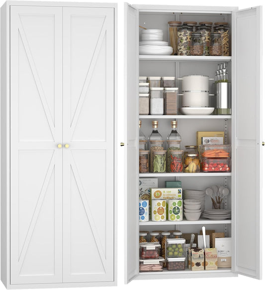 GREATMEET 71" Kitchen Pantry Storage Cabinet, Tall Storage Cabinet, Metal Food Pantry Cabinet with Doors and Shelves, Pantry Storage Cabinets, Cupboard for Garage Kitchen Laundry Room, White