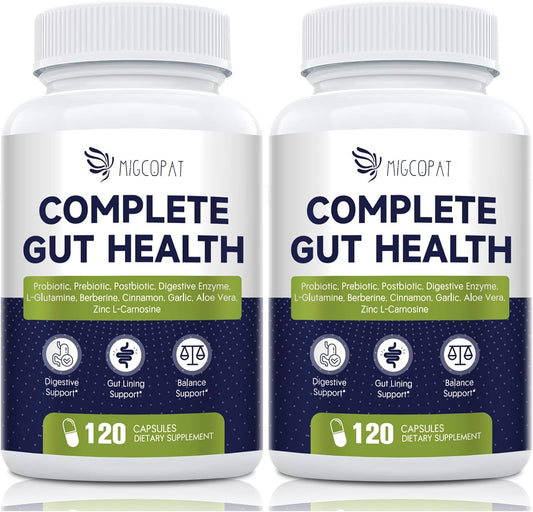 Migcopat Probiotics for Digestive Health, 80 Billion CFU Probiotics, Prebiotics, Postbiotics & Digestive Enzymes, Gut Health Capsules with Berberine, Cinnamon, L-Glutamine, for Men & Women, 240 Counts