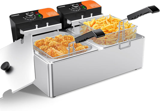 TANGME Commercial Deep Fryer, 3400W Electric Countertop Fryer 20.7QT with 6.35QTx2 Baskets Stainless Steel Oil Fryer with Temperature Limiter for Home Kitchen and Restaurant