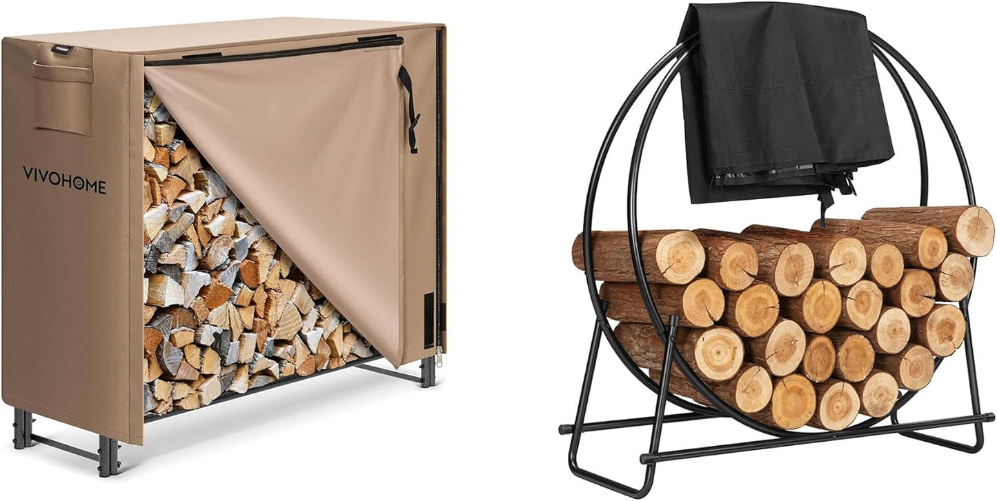VIVOHOME 4 ft Heavy Duty Firewood Rack Outdoor with Cover, Brown 32-in Firewood Log Rack Hoop with Cover, Round Log Holder Ring for Indoor Outdoor Patio Deck Porch