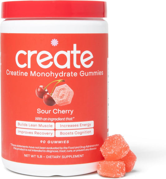 Create Creatine Monohydrate Gummies for Men & Women | 1.5g Creatine per Gummy for Muscle Strength, Endurance, Recovery, & Focus | Vegan, Non-GMO, Gluten-Free | Premium Sour Cherry Flavor | 90 Count