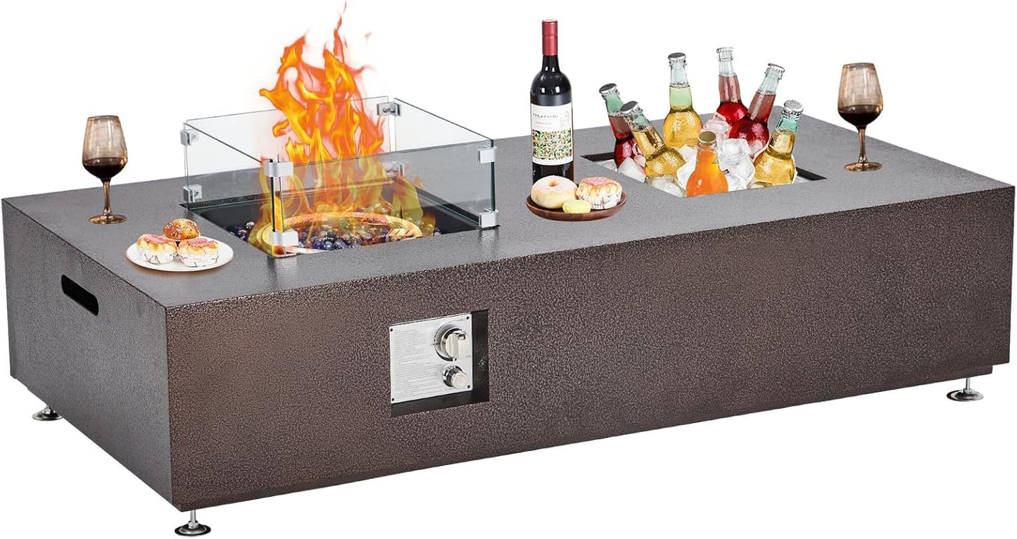 56 Inch Rectangular Propane Fire Pit Table with Fire & Ice Design - Built-in Firepit & Ice Bucket,Certified 50,000 BTU Outdoor Fireplace with Wind Guard, Lid & Rain Cover for Backyard, Garden