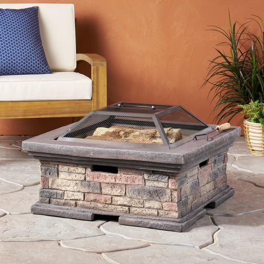 29” Outdoor Square Wood Burning Fire Pit for Patio Party or Backyard, Magnesium Oxide Material, Stone Gray