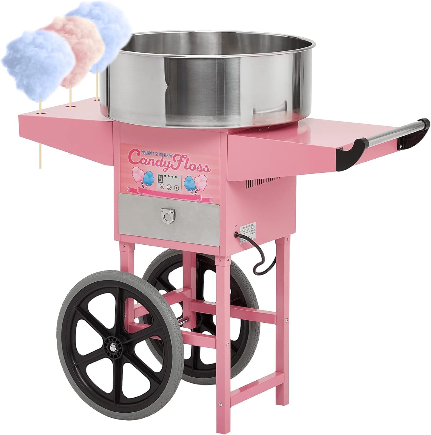 Cotton Candy Machine with Cart, Electric Cotton Candy Maker with 21 inch Stainless Steel Bowl for Family, Party, Amusement Park, Carnival- Pink
