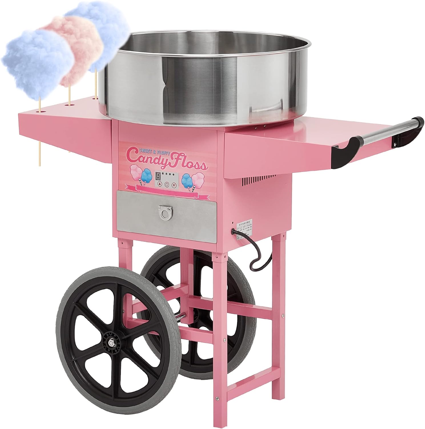 Cotton Candy Machine with Cart, Electric Cotton Candy Maker with 21 inch Stainless Steel Bowl for Family, Party, Amusement Park, Carnival- Pink