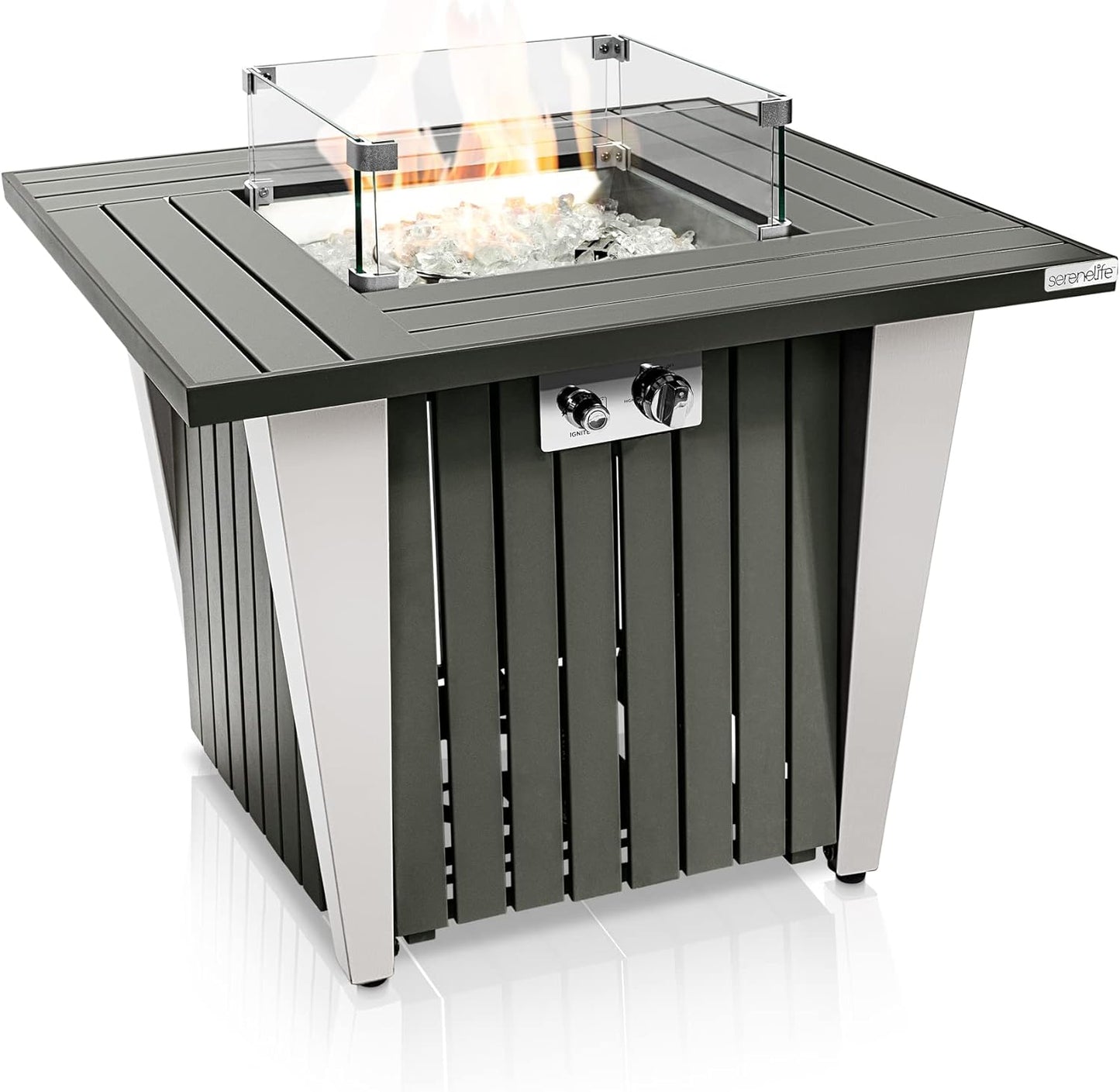 SereneLife Outdoor Propane Fire Pit Table - CSA/ETL Certified 50,000 BTU Pulse Ignition Weatherproof Square Propane Gas Fire Table w/ Adjustable Flame - Glass Wind Guard, Glass Rocks - SLFPX69