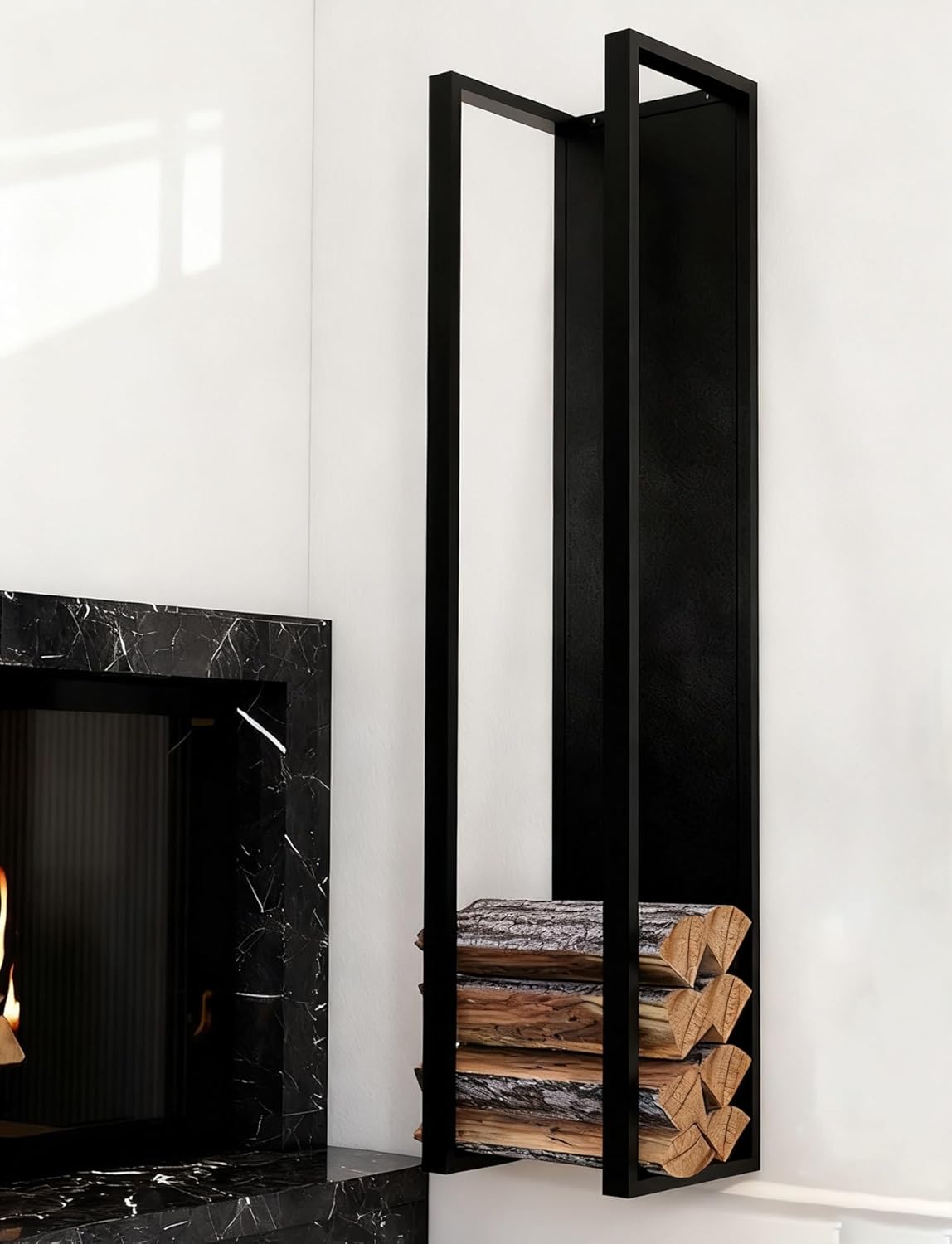 55" H Metal Firewood Rack, Indoor & Outdoor Firewood Holder, Stylish Decorative Fireplace Stand with Back Wall Shelf