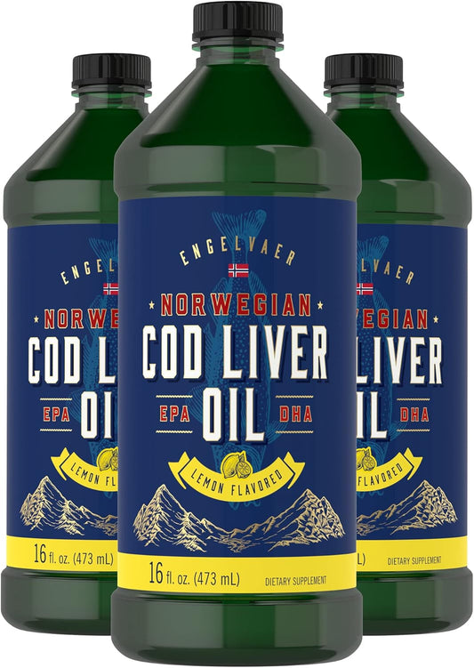 Carlyle Cod Liver Oil Liquid | 16 fl oz | Pack of 3 Bottles | Lemon Flavor | Norwegian | Non GMO, Gluten Free