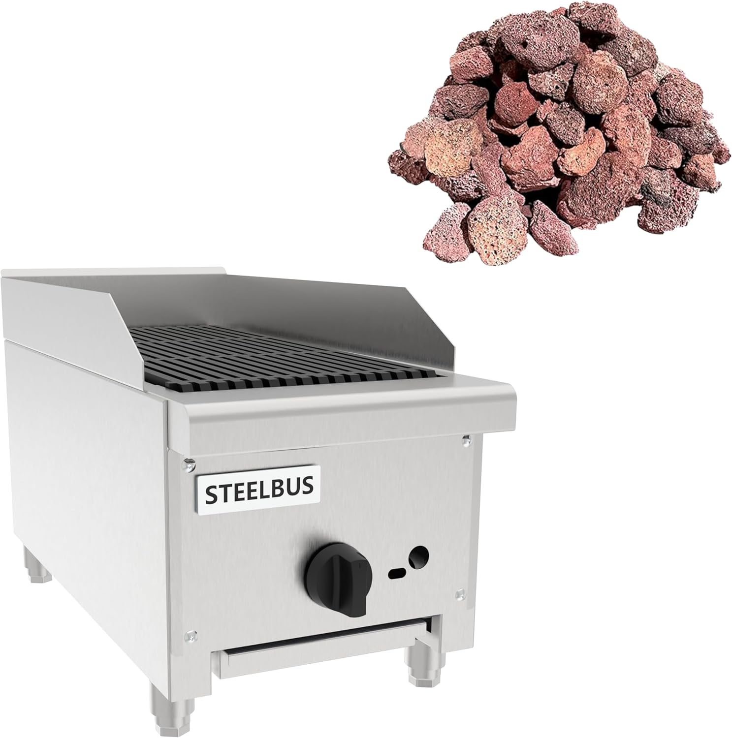 STEELBUS 12 Inch Commercial Gas Lava Rock Charbroiler, Countertop Stainless Steel Grill with 1 Burner 28000 BTU, Natural Gas\/Propane, Durable Cast Iron Grates, Restaurant BBQ Broiler