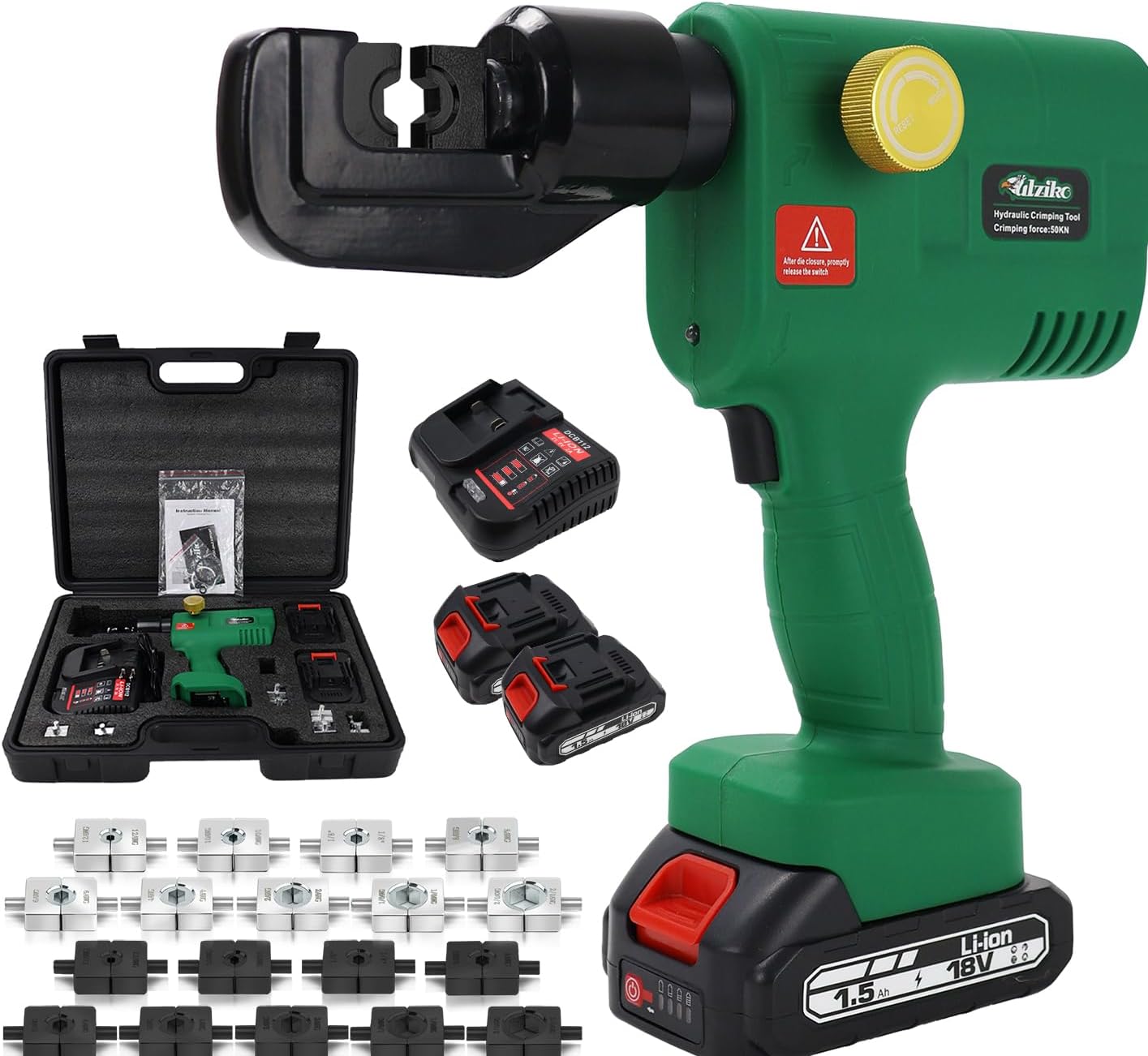 Electric Hydraulic Crimping Tool Kit with 8 Dies & 2×18V 1.5Ah Batteries - 12AWG to 2/0AWG, Cordless Hydraulic Crimper for Electrical Terminals