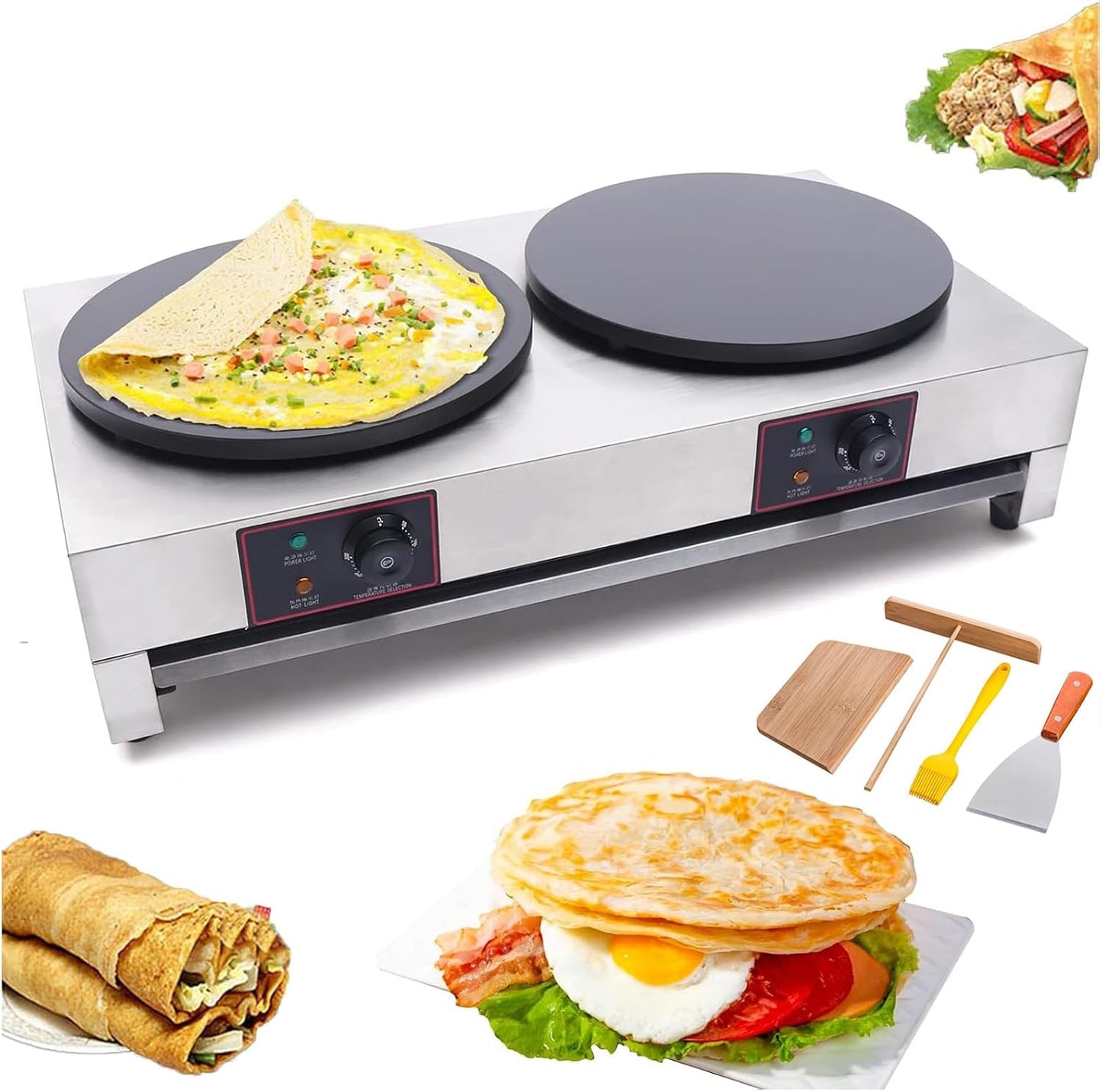 15.7'' Commercial Electric Crepe Maker Machine, Pancake Baking Machine,Non-Stick,Adjustable Temperature 50-300℃(122-572℉), Baker Machine for Commercial and Home Use, Comes with applicator tool,DE-2