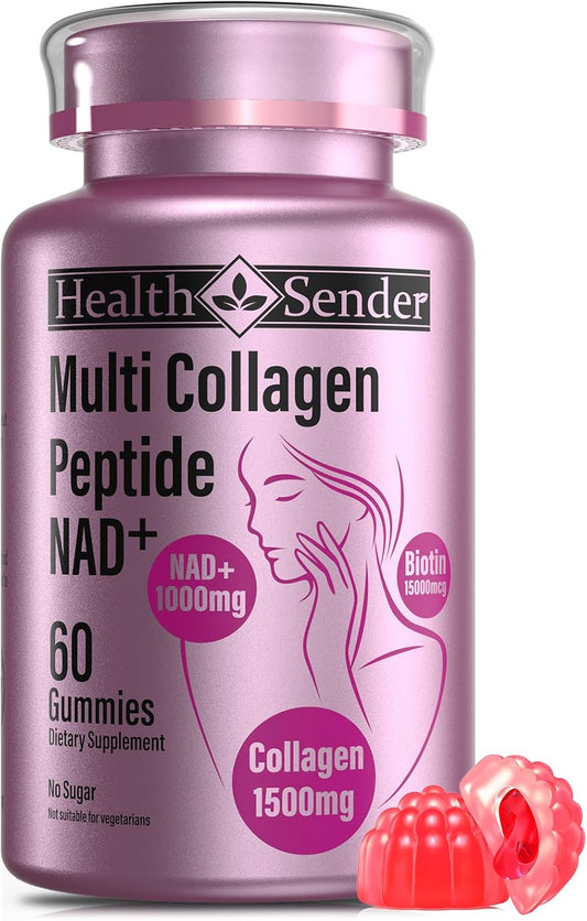 Protein Gummies Hydrolyzed Collagen Peptide Gummy, Sugar-Free 1500mg Type I,II,III,V,X Man&Woman Collagen Supplement with 1000mg NAD 15000mcg Biotin for Skin,Hair,Nails,Energy