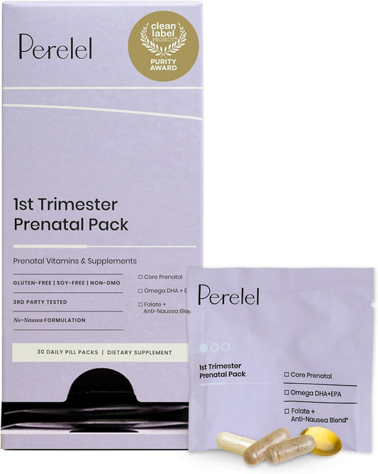 Perelel 1st Trimester Prenatal Pack, Multivitamin with Folate, Vitamin D, Omega 3, Iron & Ginger, Nutritional Support for Early Pregnancy, Soy & Gluten Free, Non GMO, 30 Daily Pill Packs