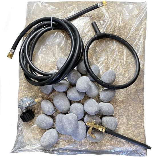 The Blue Rooster Gas Chiminea and Fire Pit Conversion Kit with Gray Pebbles and 10' Hose