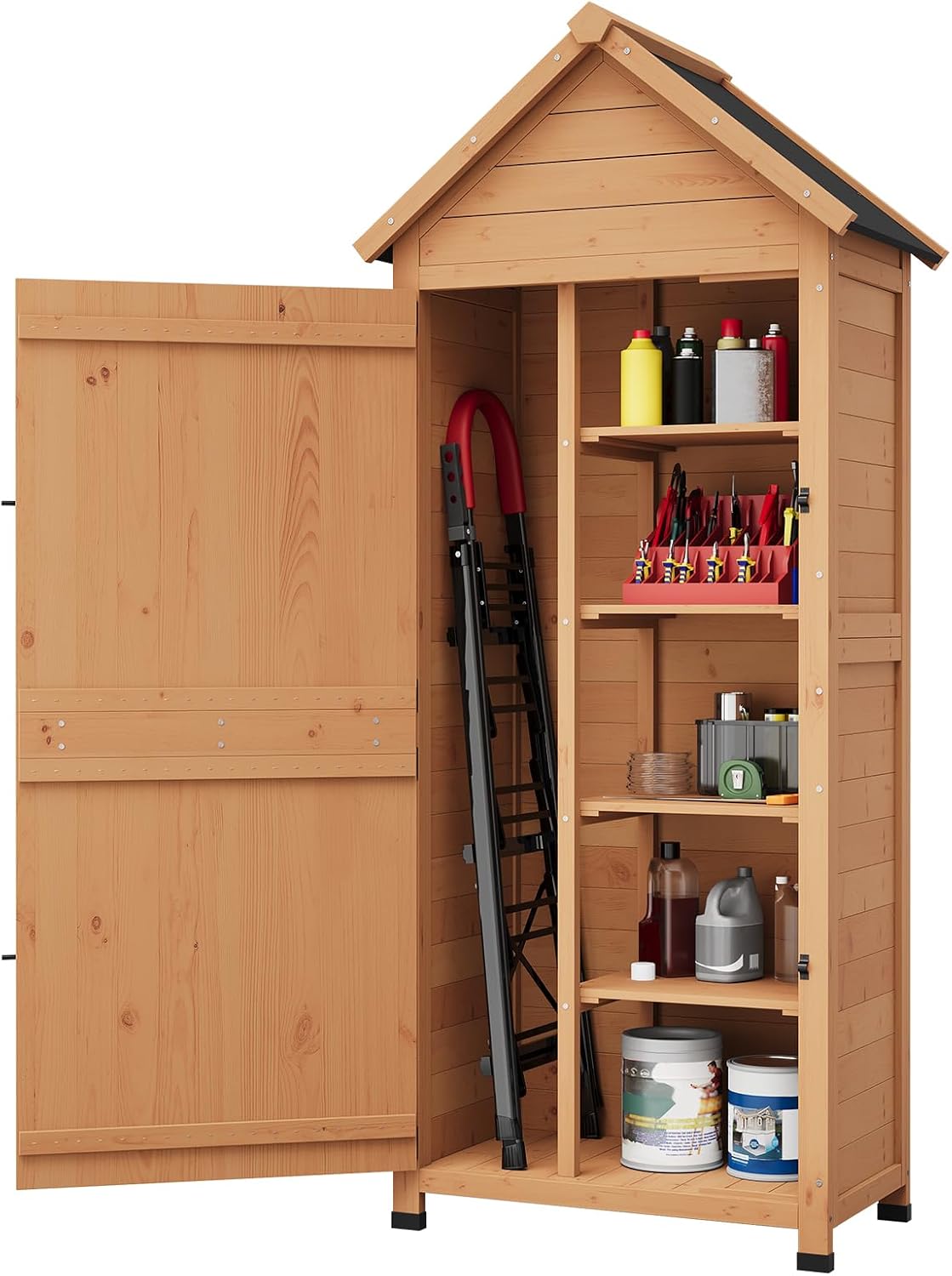 GarveeLife Outdoor Wooden Storage Shed Waterproof, 63 in Vertical Outdoor Storage Cabinet with 4 Shelves & Lockable Door, Space-Saving Garden Tool Shed for Patio, Yard, Lawn