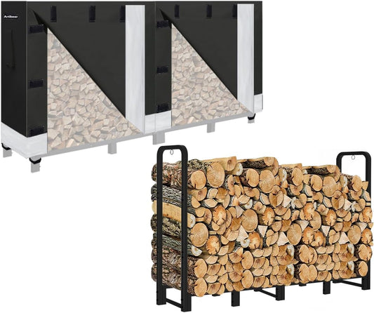 Artibear 8ft Firewood Rack with Waterproof Wood Pile Cover for Outside, Log Rack with Cover for Firewood, Matte Black Wood Holder