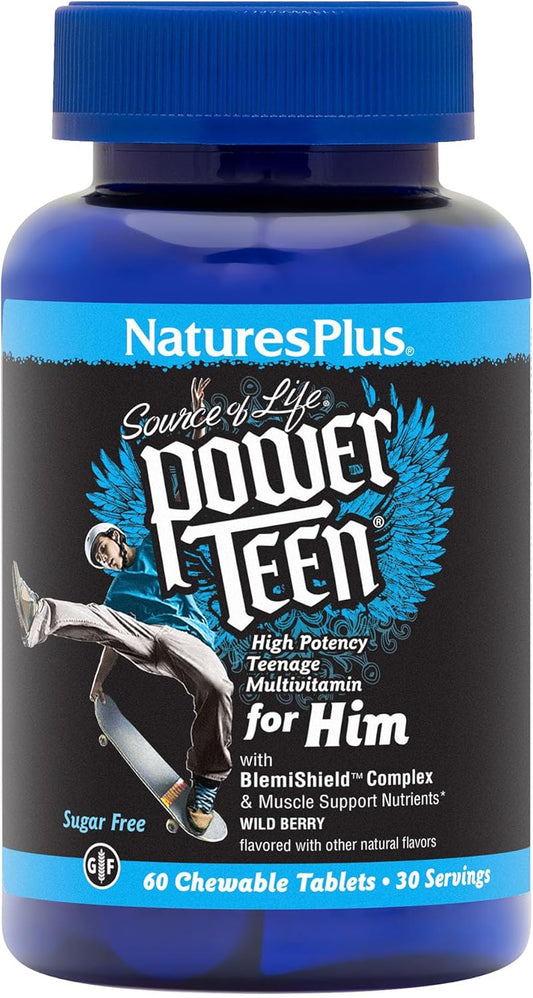 Natures Plus Source of Life Power Teen for Him, Wild Berry - 60 Chewable Tablets, Pack of 2 - High Potency Teenage Multivitamin - Gluten Free, Sugar Free - 60 Total Servings