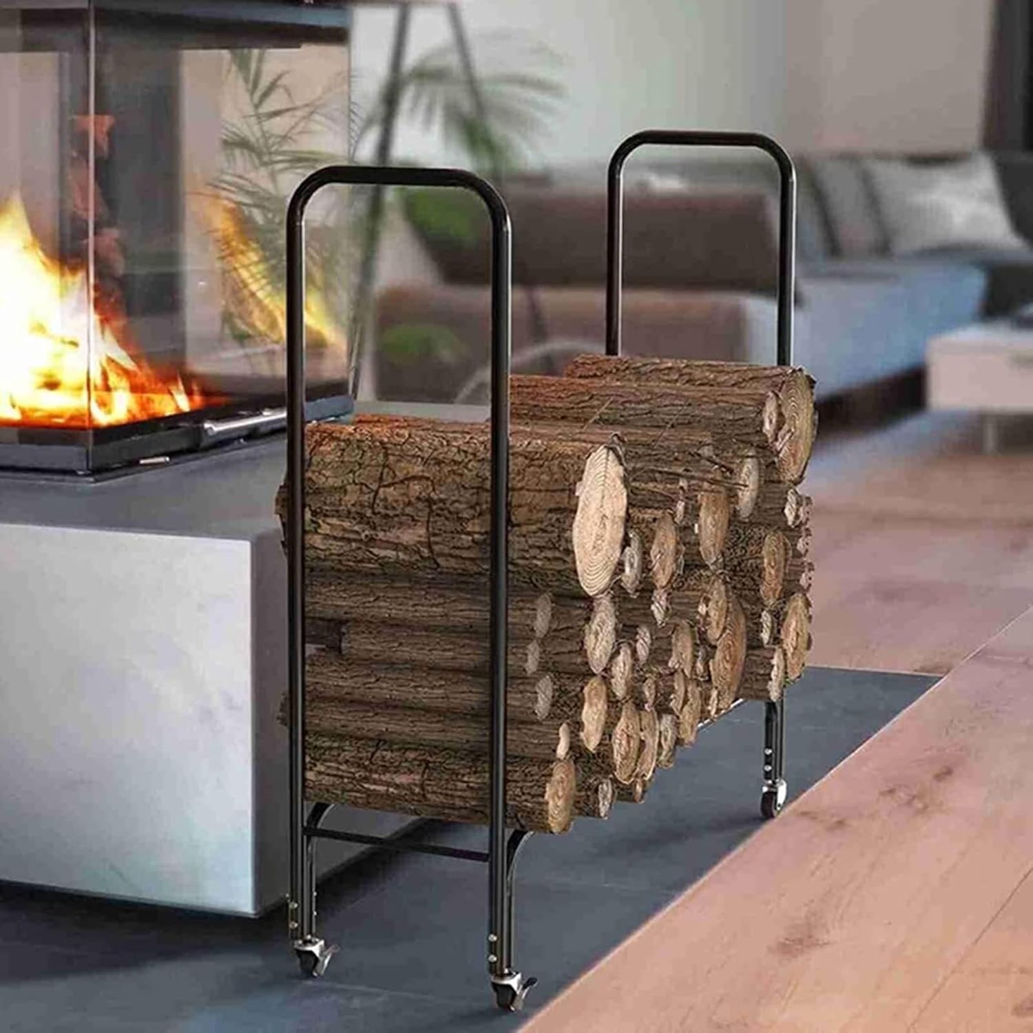 Floor Standing Firewood Rack with Wheels, Cast Iron Firewood Rack for Backyard Deck/Family Room Storage Rack