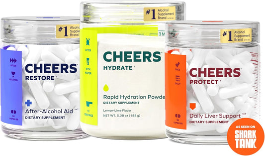 Cheers Super Combo | Restore + Protect + Hydrate | Feel Better After Drinking, Support Your Liver, & Rehydrate | DHM, L-Cysteine, Electrolytes | 12 Doses Restore & Hydrate, 30 Doses Protect