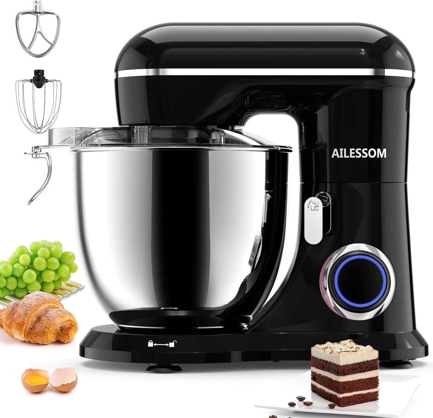 Ailessom Stand Mixer,6.5-QT 660W 10-Speed Tilt-Head Food Mixer, Kitchen Electric Mixer with Bowl, Dough Hook, Beater, Whisk for Most Home Cooks, (6.5QT, Onyx Black?…, 1533P